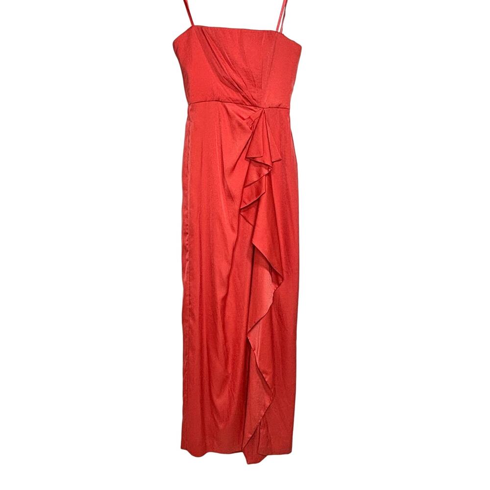 BCBG MaxAzria Ila Strapless Coral Satin Evening Dress Draped 0